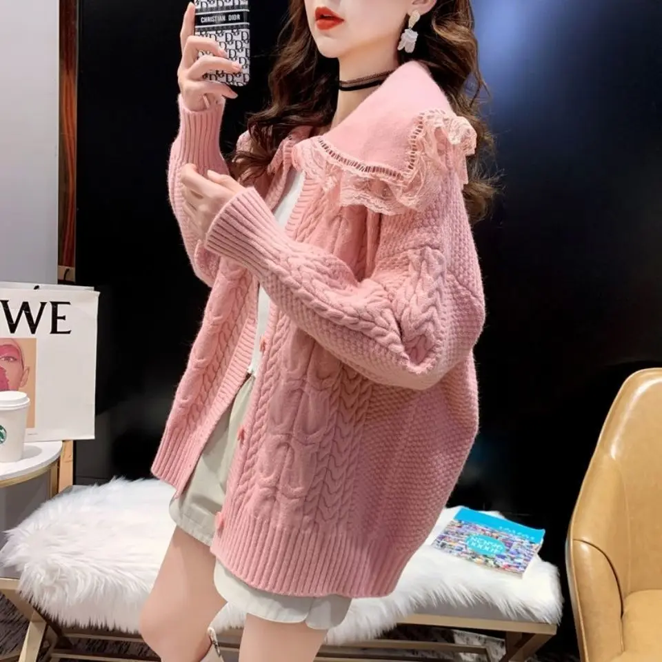 Spring Korean Version Quality Sweet Splicing Ruffled Peter Pan Collar Lace Knitted Cardigan Sweater Jacket Coat U609
