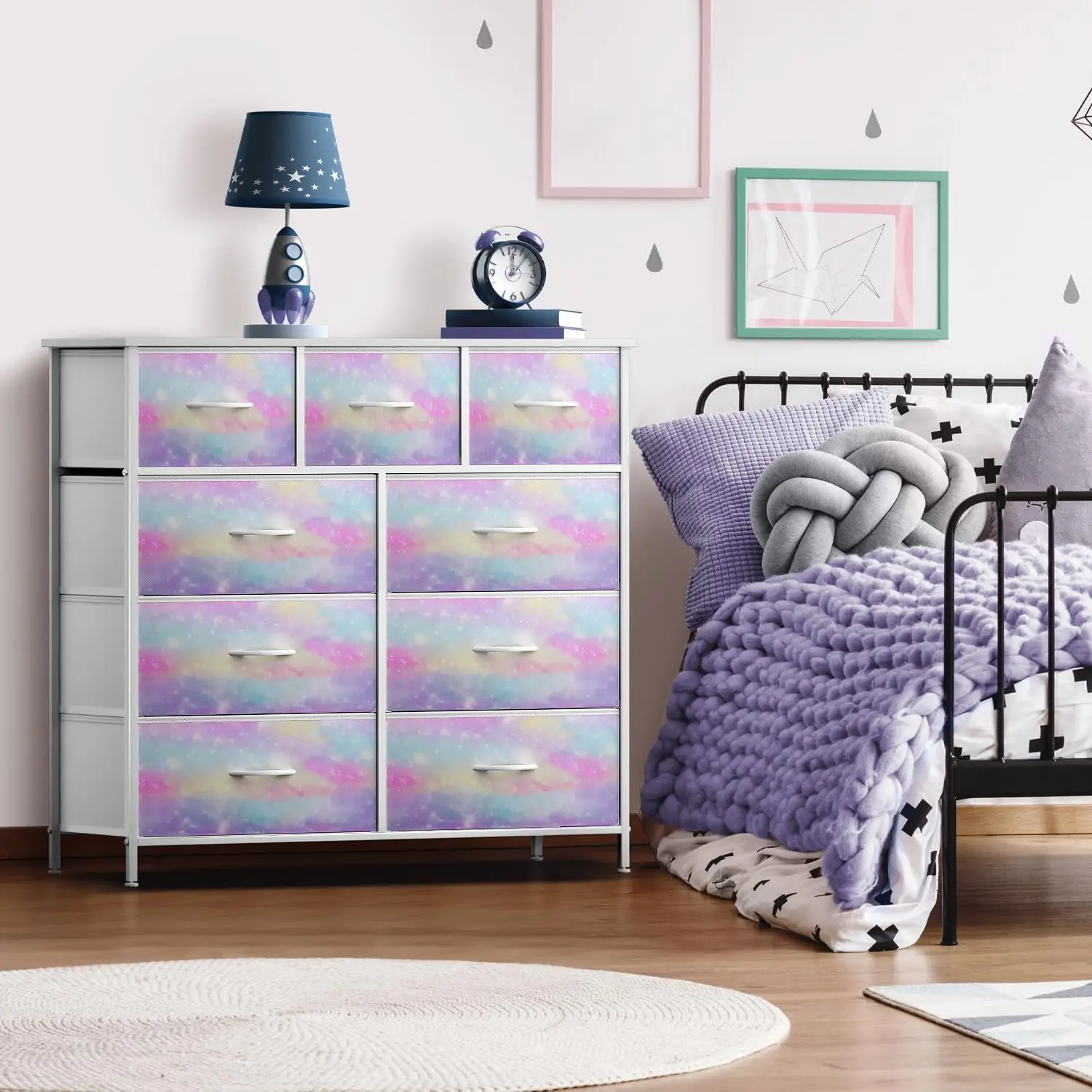 Dresser with 9 Drawers - Furniture Storage Chest for Kid’s, Teens, Bedroom, Nursery, Playroom, Clothes, Toys - Steel Frame, Wood