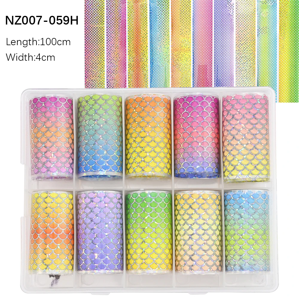 10Rolls Mermaid Skin Nail Foil 100CM Holographic Mermaid Scales Designs Laser Decals DIY Quick Transfer Slider DIY Nail Sticker%