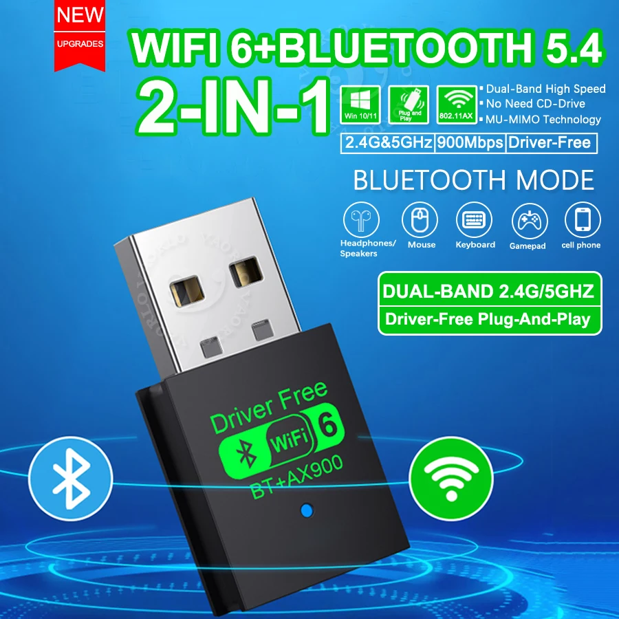

2 IN 1 WIFI6 AX900 USB WiFi Bluetooth 5.4 Wireless Adapter Dual Band 2.4G+5GHz 900Mbps Network Card Receiver Dongle For Win10/11