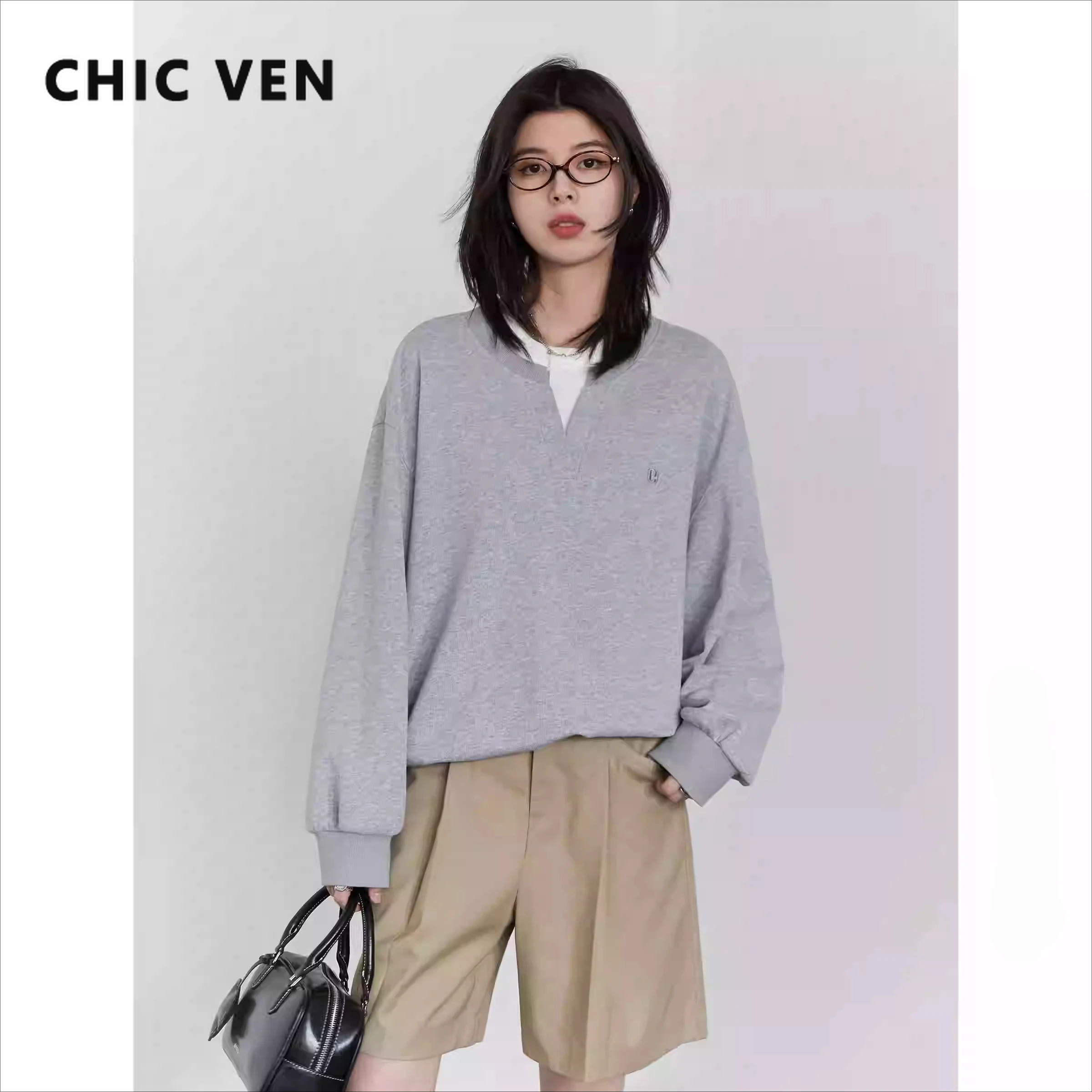 CHIC VEN koreańskie bluzy damskie luźne na co dzień nowe kontrastowe łączenie bluza z kapturem top damski T Shirt sweter wiosna jesień 2025