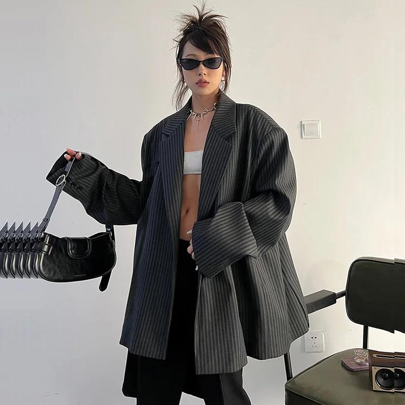 Vintage Gestreept Grijs Jasje Vrouwen Vest Lente Herfst Nieuwe Casual Losse Notched Kraag Lange Mouw Vrouwelijke Blazers Jas