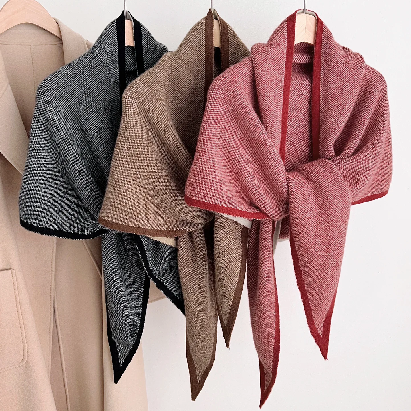 British Knitted Wool Scarf Women Big Size Triangle Winter Shawl Solid Color Triangle Design Shawl Soft Outdoor Winderproof Scarf