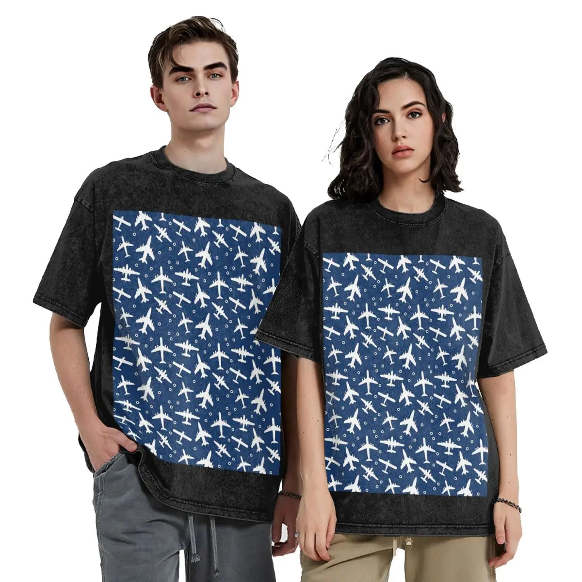 Blue And White Aeroplanes Silhouette Pattern Hip Hop Short Sleeve T-Shirts Washed Tops Tees Streetwear T Shirt for Men woman