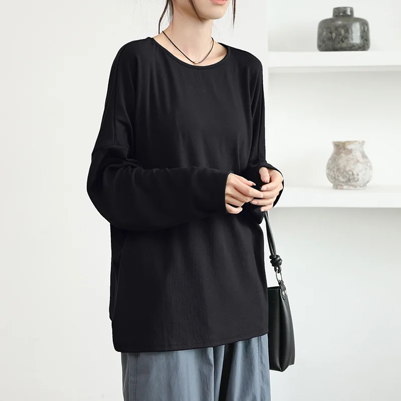 Japanese and Korean early autumn new women's T-shirt loose solid color round neck off-shoulder lazy casual long-sleeved top