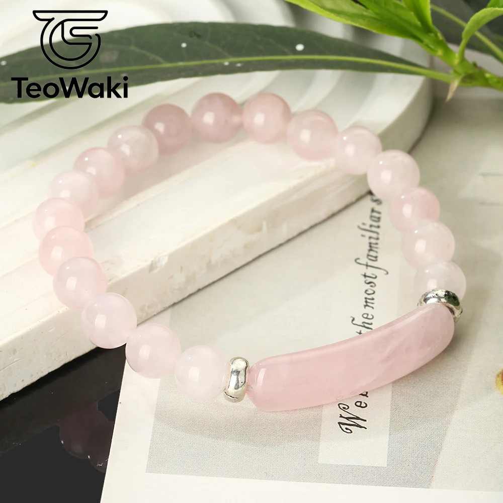 Teowaki Natural Stone Beaded Elastic Stretch with Round Beads and Bridge-type Rose Quartz Decoration Daily Jewelry Best Gift19cm