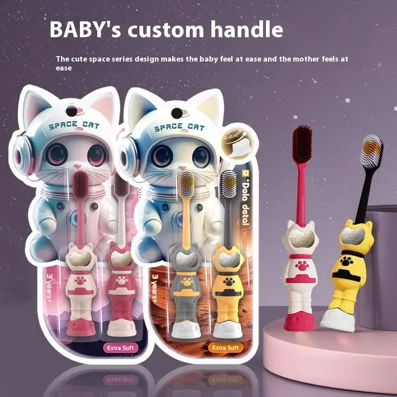 

2 Pcs/Box Kids Toothbrushes Cartoon Space Cat Shape Soft Bristles Beam Split Flocking Safe For 3 - 12 Years Old Children