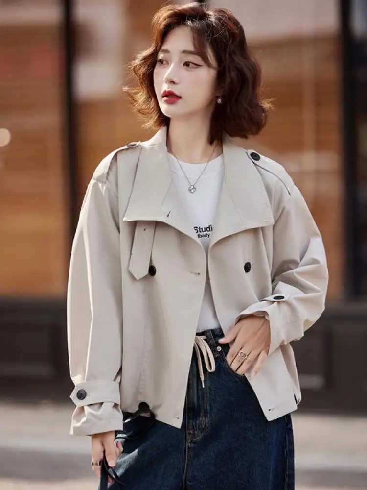 

Autumn New Fashion Black Versatile Double Breasted Short Windbreaker Jacket Women Beige Long Sleeved Lapel Cardigan Trench Coat