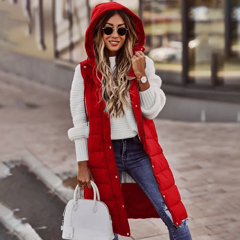 Women Loose Single-Breasted Cardigan Parkas Winter Parkas Vest Coat Women\'s Casual Sleeveless Hooded Solid Color Long Vest Coat