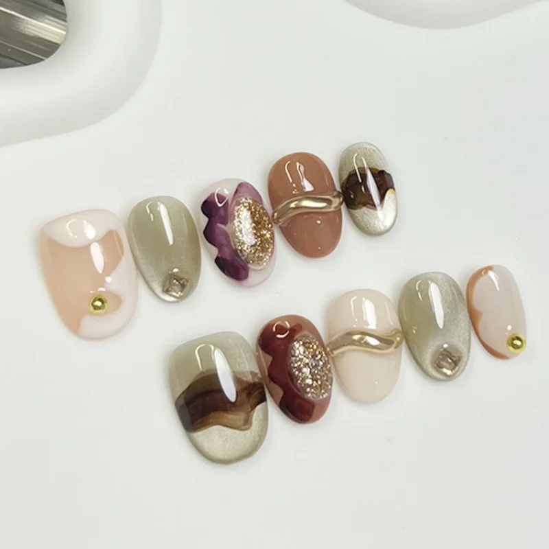 

10PCS Luxury Short Oval Handmade Press on Nails Amber Brown Blurred Golden French Fake Nail Wearable Cat Eye Nail Tips Art Tools
