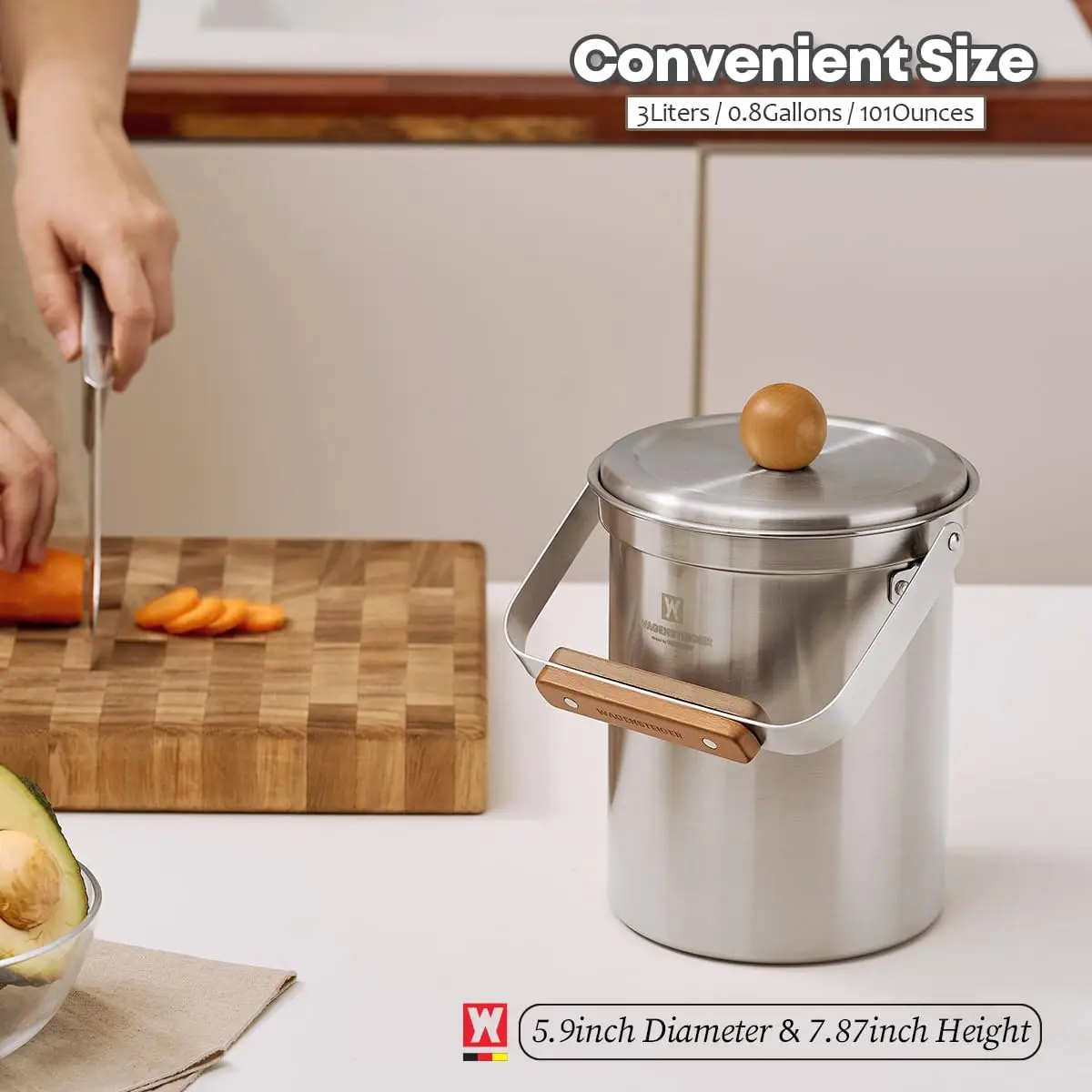 3L Stainless Steel Compost Bin with Airtight Lid, Odor-Free Kitchen Countertop Trash Can, Wooden Handle Design