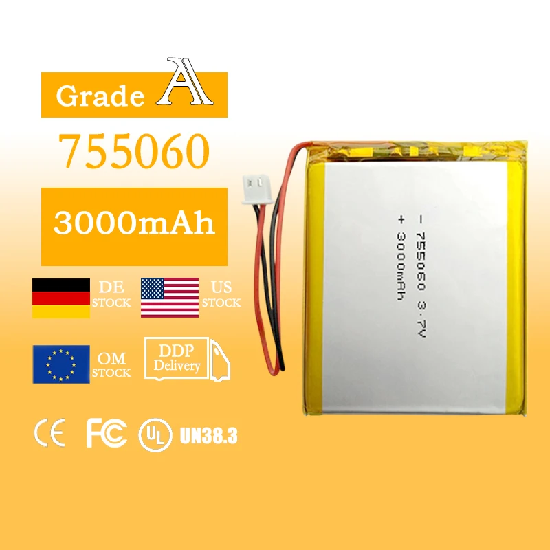 755060 3.7V 3000mAh Ternary Lithium Polymer Battery for Power Banks, High-Power Devices & LED Electronics