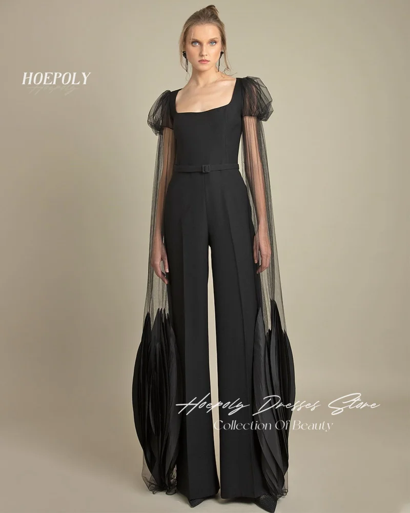 Hoepoly Simple USA Euro Evening Dresses Square Collar Formal Occasion Black Lace Trousers Floor-Length Dairy For Sexy Women