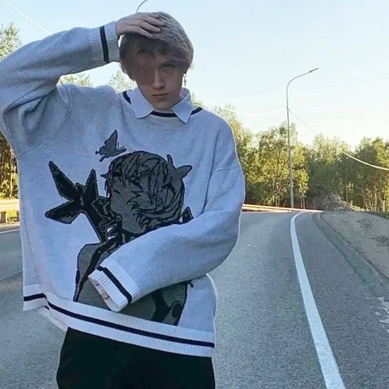 سترة شتوية برقبة دائرية مطبوعة برسوم كارتونية أنيمي، نمط غير رسمي للرجال والنساء، ملابس تريكو عصرية لجميع المواسم