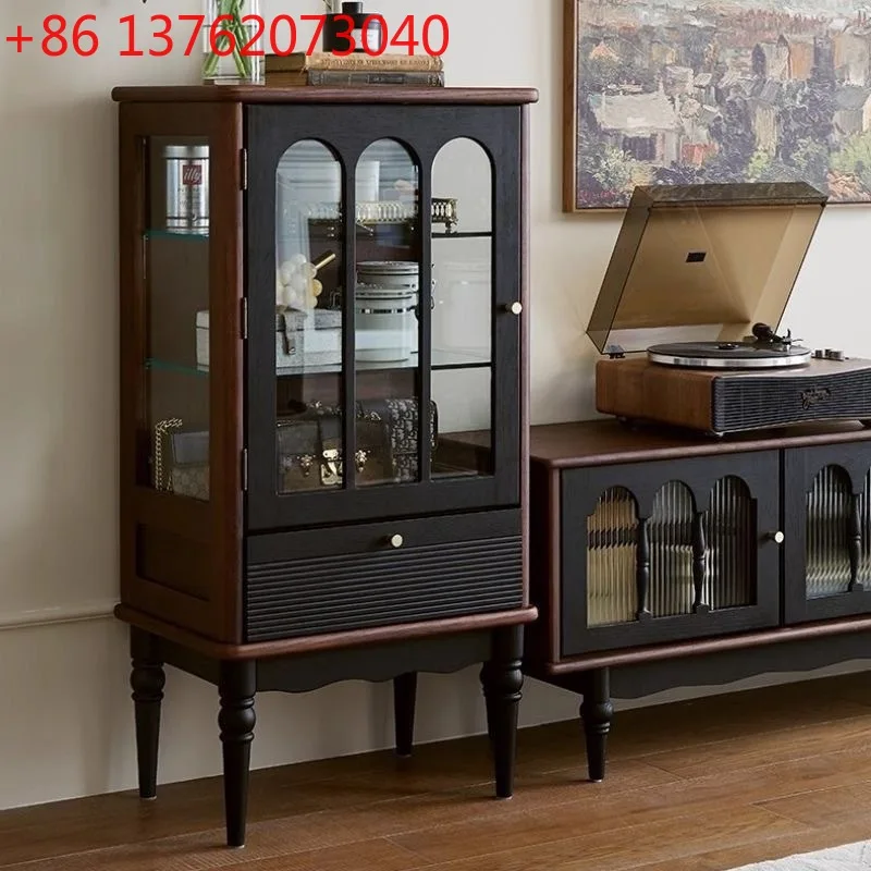 

Французский ретро стеклянный дверной винный шкаф из цельного дерева для гостиной, дома, американский шкаф-витрина
