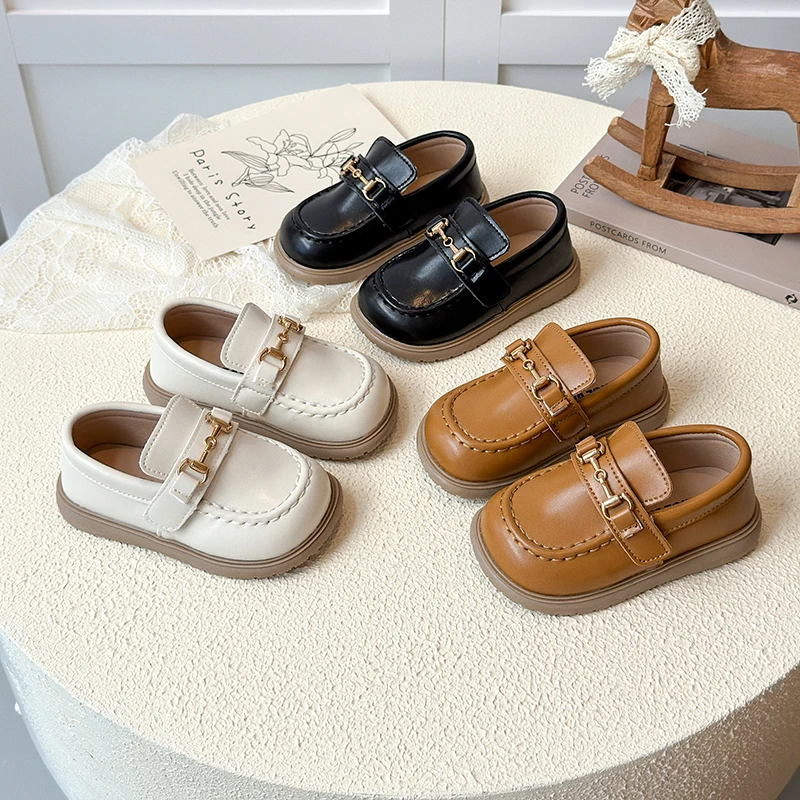Autumn Toddler Children Loafers Metal Chain Glossy Fashion Kids Leather Shoes Platform Versatile Non-slip Boys Girls Shoe