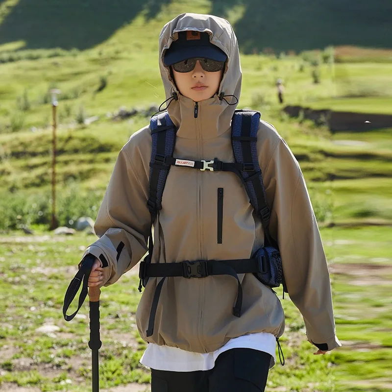

2025 Autumn Y2K Vintage Windbreaker Jacket Women Gorpcore Streetwear Taupe Hooded Outerwear Oversized Hip Hop Techwear Coat