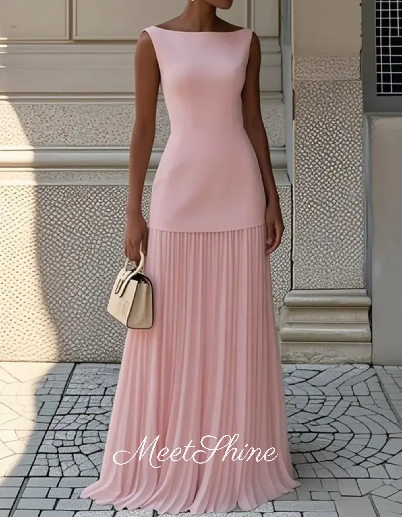 فستان سهرة بوهو برقبة قارب بدون أكمام على شكل حرف a من الساتان فستان سهرة رائع متين مطوي من الشيفون لحفلات الزفاف الرسمية حسب الطلب