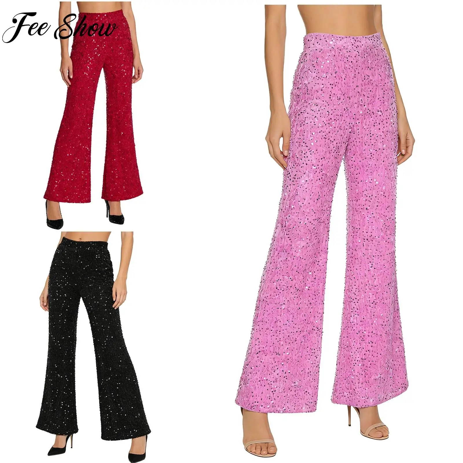 

Jazz Dance Pants Womens Shiny Wide Leg Pants Sequined Velvet High Waist Long Pants Flared Trousers for Club Stage Dance Party
