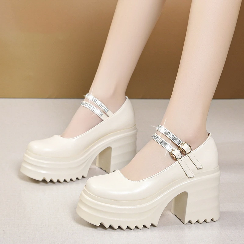 Autumn Pumps Women's 2022 Leather Mary Janes High Heels Shoes Black for Office Model Fashion Rhinestone Buckle Platform Shoes image 4