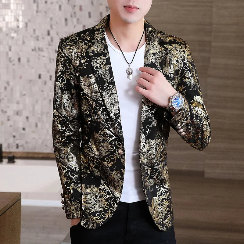 HOO 2024 Men's Autumn Bronzing Floral blazer Youth Slim Fit Fashion Printed   blazer