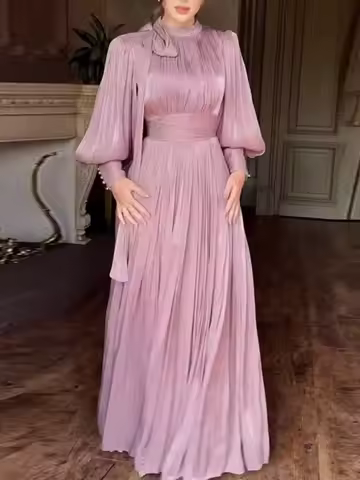 Autumn Winter Evening Dress Pleated Waist Cinched Long Puff Sleeve Dress A-line Rhinestones Vintage French Style Party Dresses