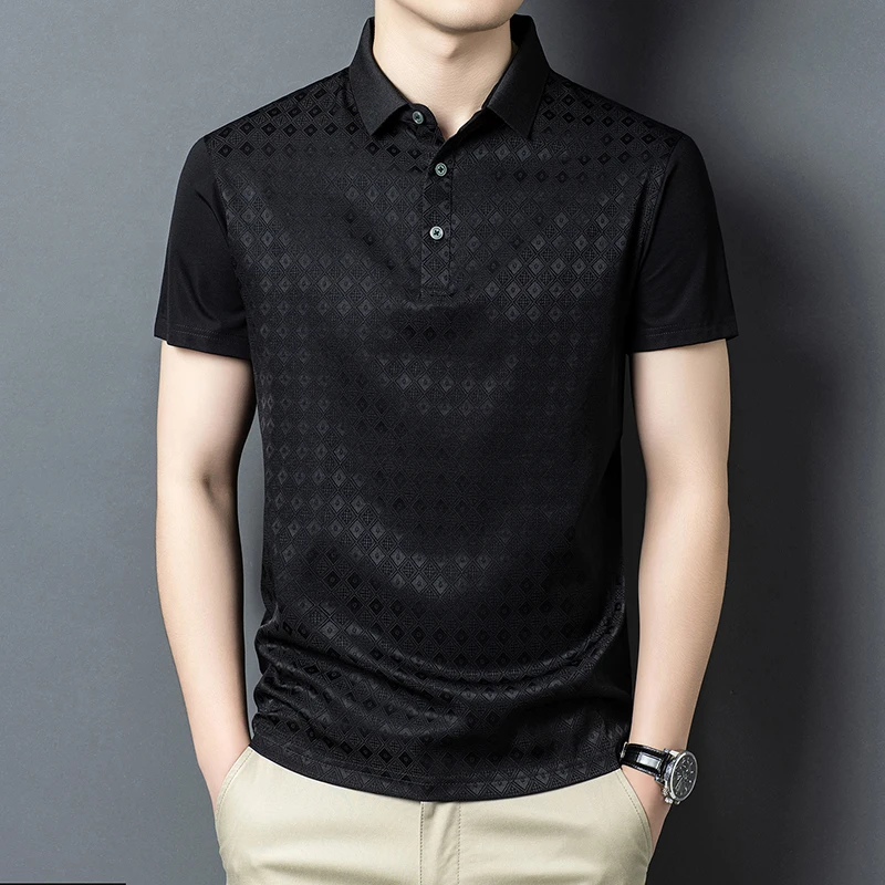 Luxurious Silk Blend Polo Shirts For Men Short Sleeve Stretchy Summer High-Quality Skin-Friendly Coolness Casual Polos De Hombre