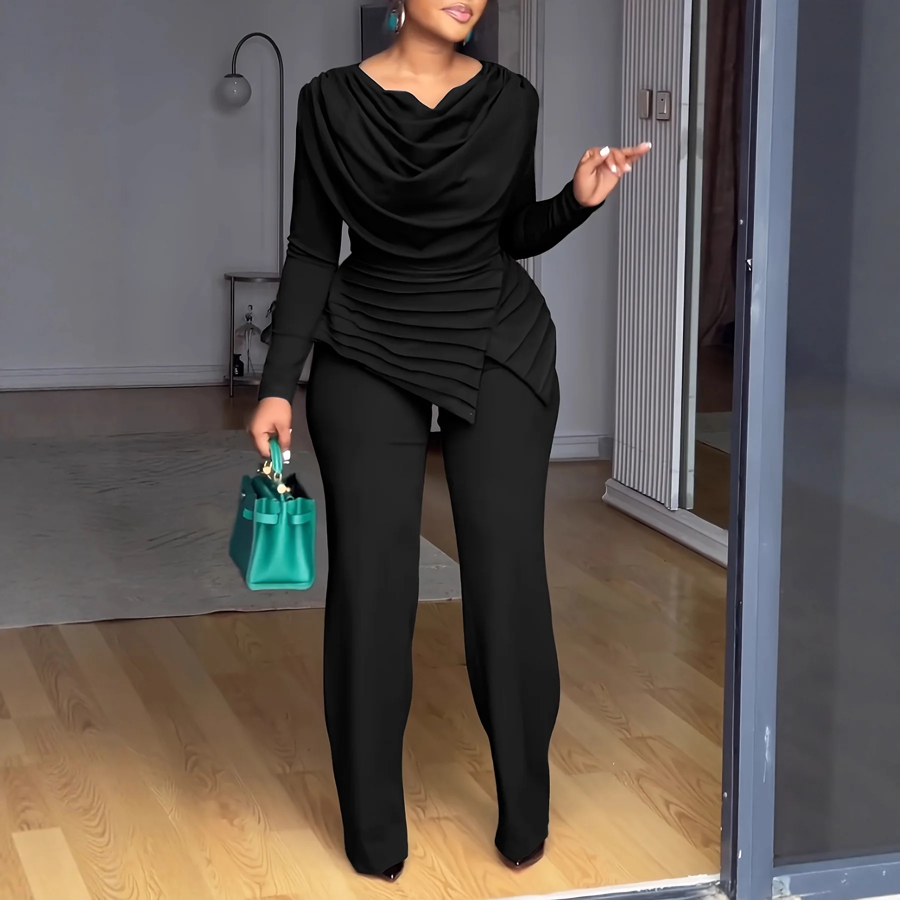 

Женский комплект брюк из двух предметов, однотонный комплект, плиссированный топ с круглым вырезом и длинными рукавами, полная длина, с ампирной талией, тонкий повседневный комплект, осень 2026 г.