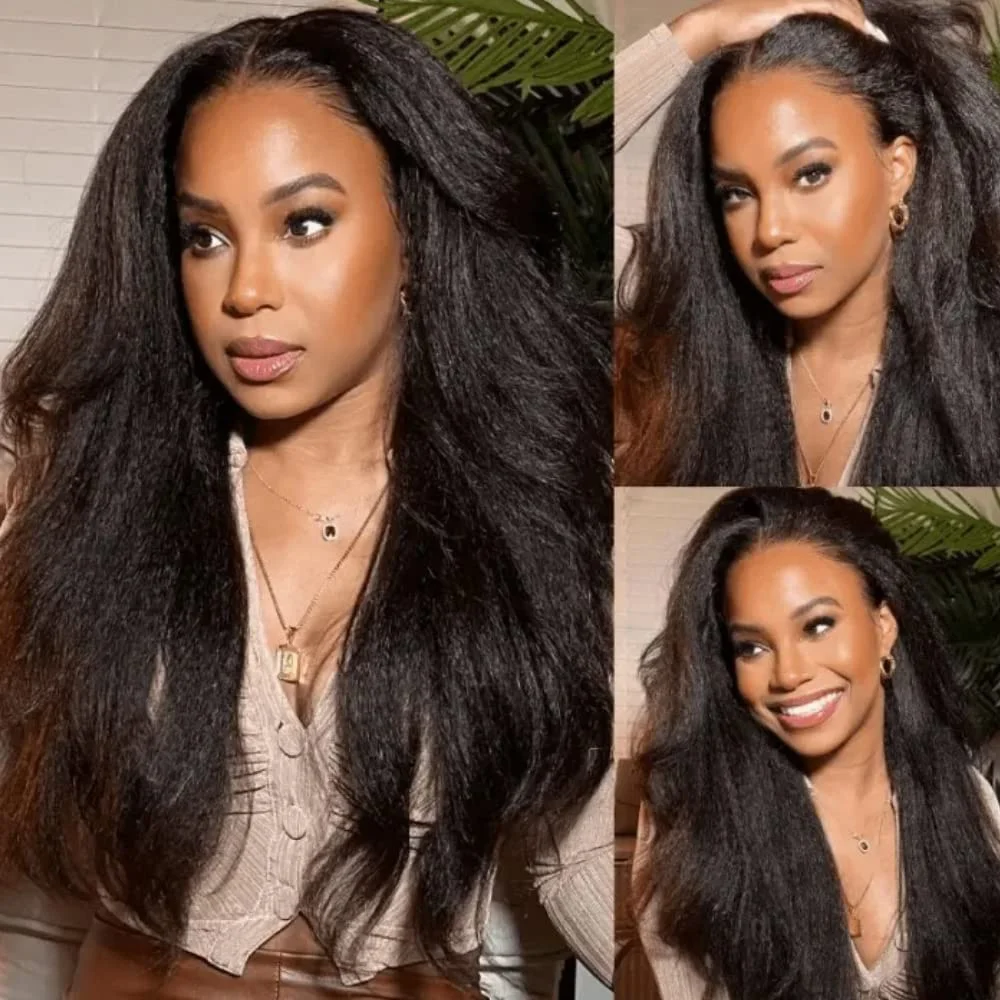 Long Kinky Straight Human Hair Wig 13x4x1 T Part Yaki Lace Wig With Baby Hair Heat Resistant Middle Part Wig Natural For Women