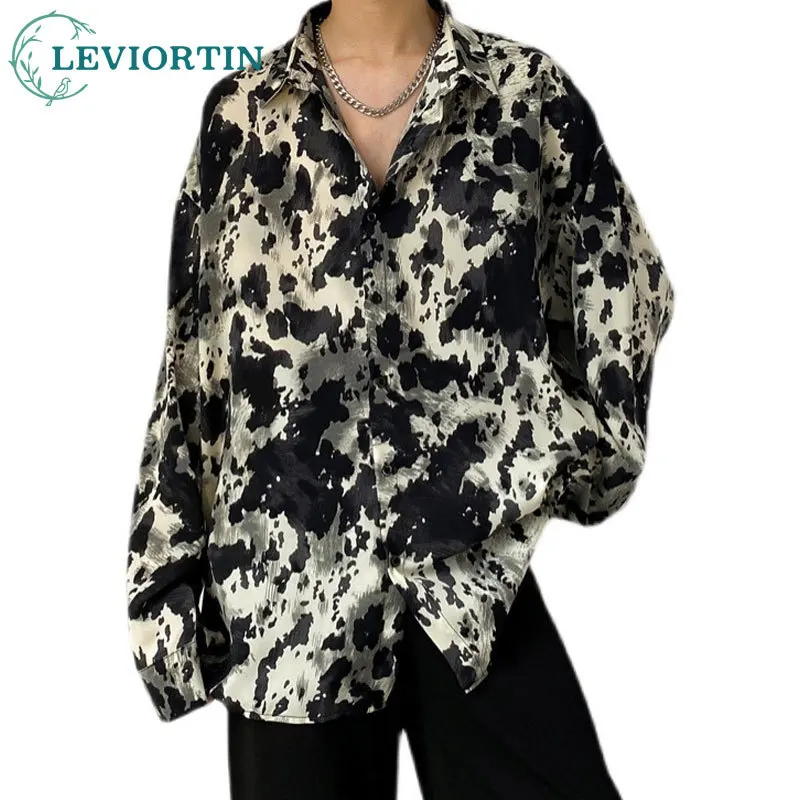 Men Shirts Vintage Print Chiffon Long Sleeve Shirt Japanese Retro Oversized Blouse Hip Hop Fashion Casual Streetwear Unisex