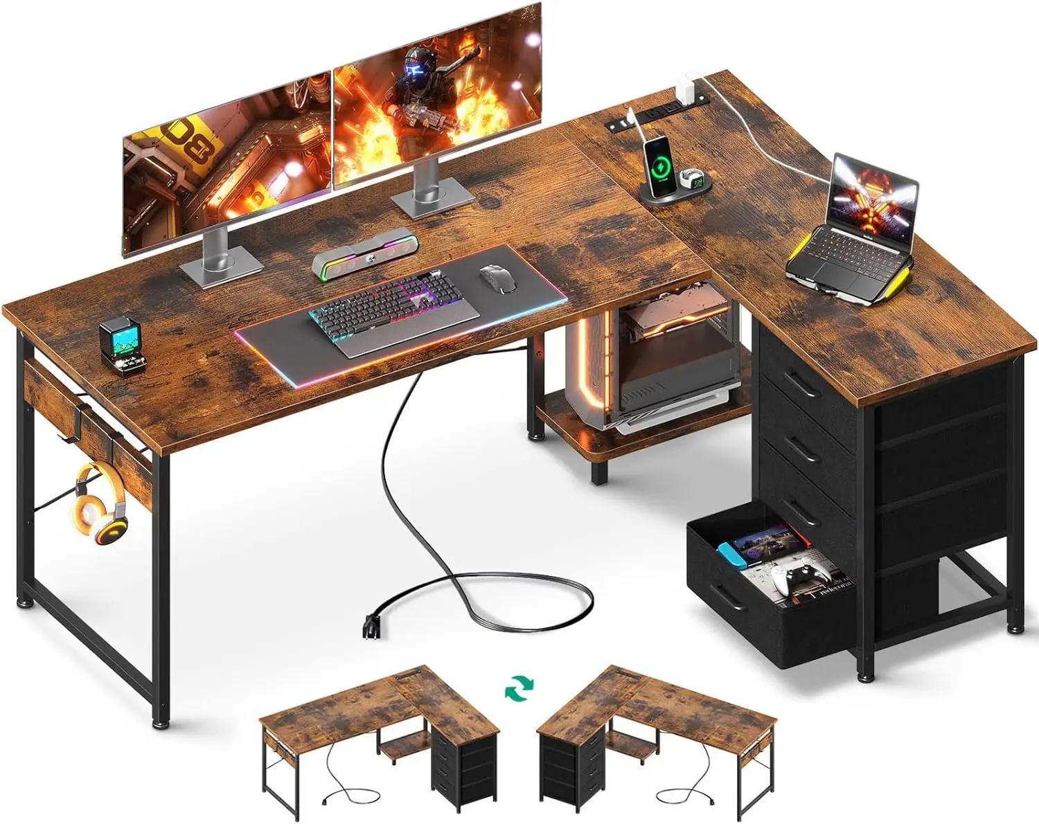

L Shaped Desk with 4 Tier Drawers, 61" Reversible Gaming Desk with Power Outlets, L Shaped Computer Table with USB Charging Port