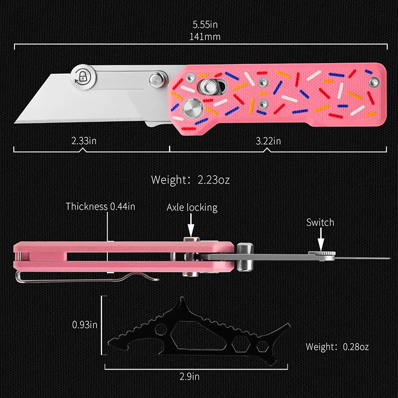 9TiEDC Pink Donut Utility Knife G10 Handle Portable Wallpaper Knife EDC Outdoor Equipment Out Of The Box Knife