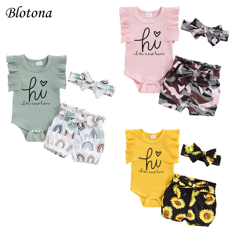 

Blotona Newborn Baby Girls Shorts Set, Letter Print Fly Sleeve Romper with Waist Tie Shorts and Hairband Summer Outfit