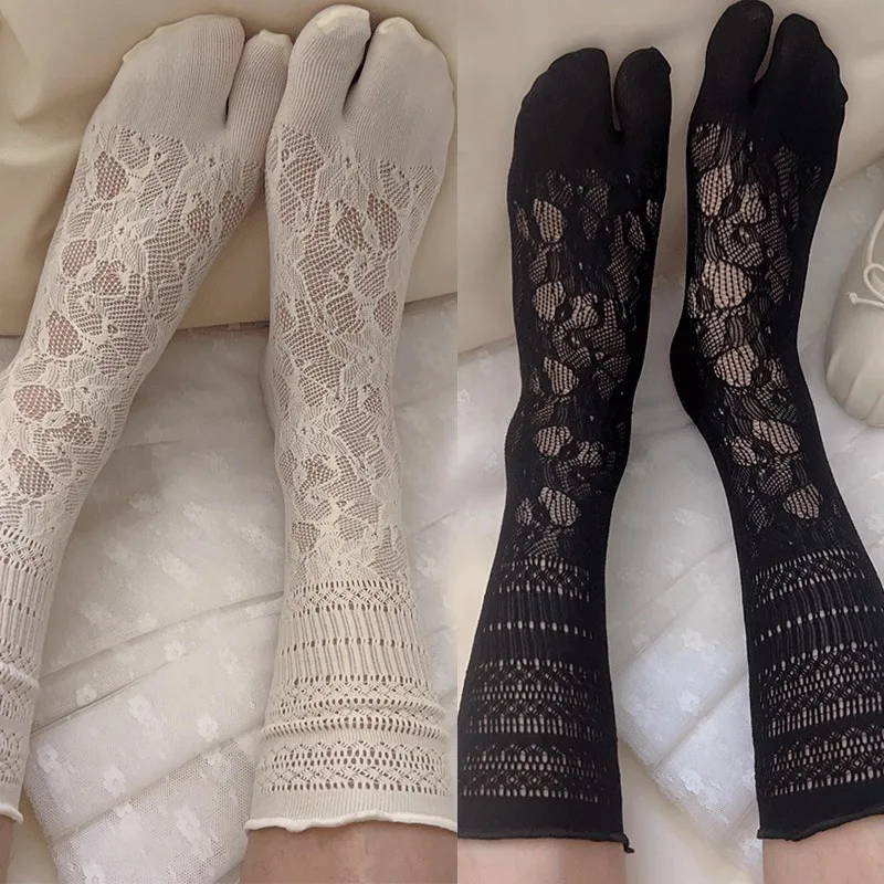 

Lace two-finger toe socks women's summer cut-out mesh two-finger socks high-top cotton garter belt independent finger tabi socks