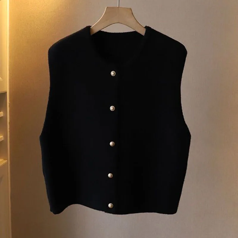 Lucyever Knitted Vests Women Loose Single Breasted Sleeveless Sweater Waistcoats Female Autumn Winter O-Neck Solid Knitwear Vest