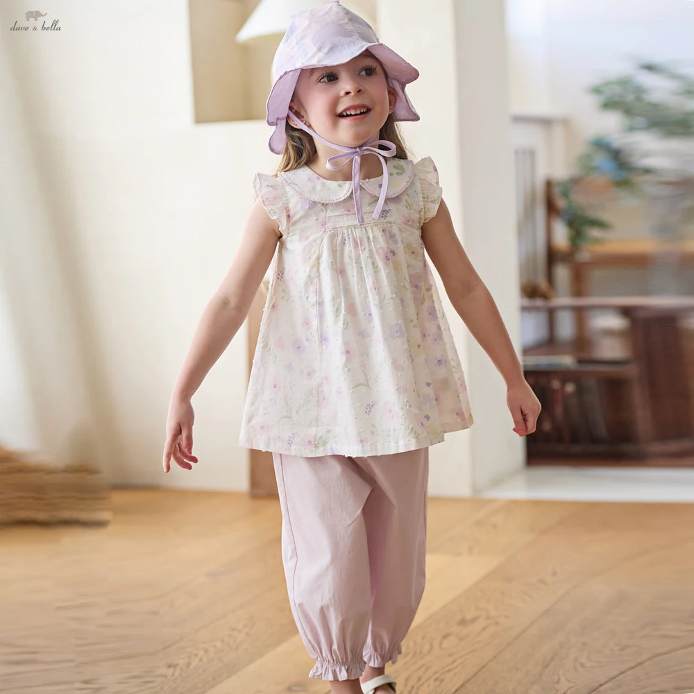 Dave Bella Girls Summer 2PCS Set Flower Sleeveless Blouse Pants Suits Childern Printed Tops Trouser Clothing Sets DB2261259