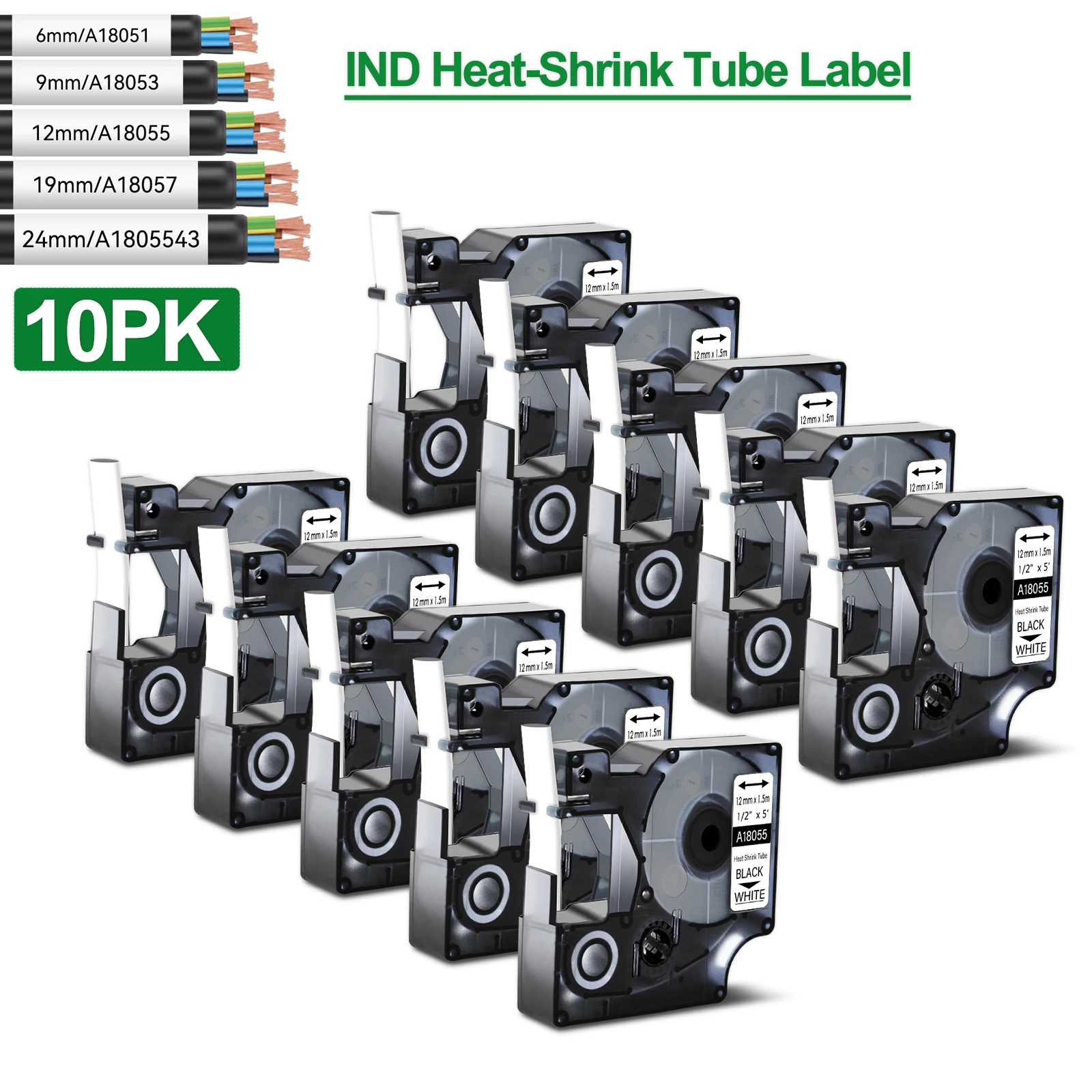 

5/10PK Heat-Shrink Tube Industry Labels Compatible for Dymo A18051 A18055 Black on White Ribbon Label for DYMO Rhino 5200 4200