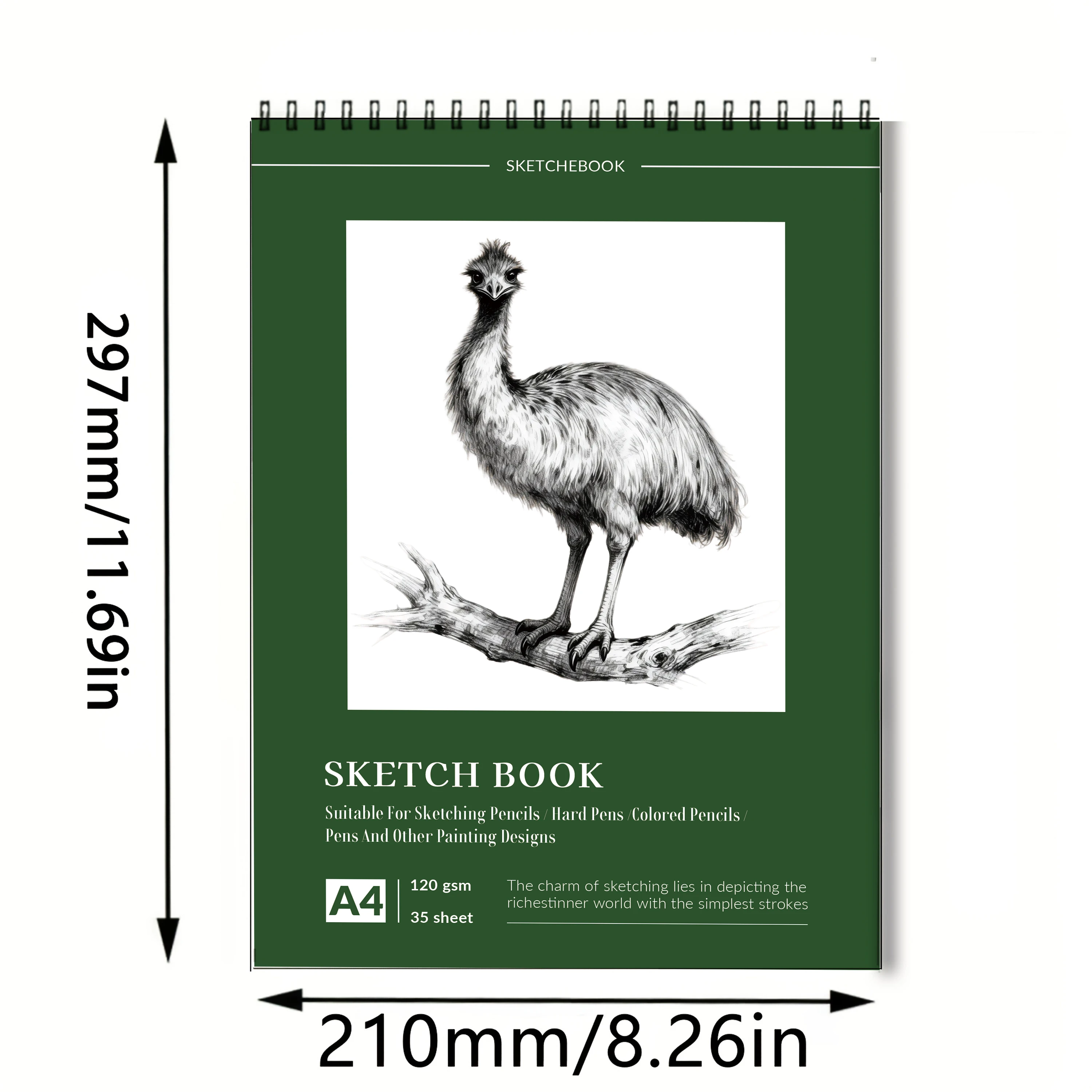 A4 Spiral Sketchbook with Emu Sketch Art Cover, 120 GSM Thick Paper, 35 Sheets, Multi-Media Art Pad for Pencils, Charcoal, Water