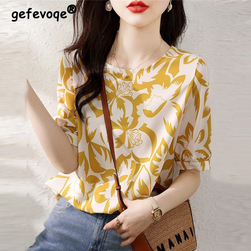 Women\'s Clothing 2023 Summer Korean Fashion Printed Elegant Blouse O Neck Short Sleeve Shirt Chic Sweet Loose Tops Female Blusas