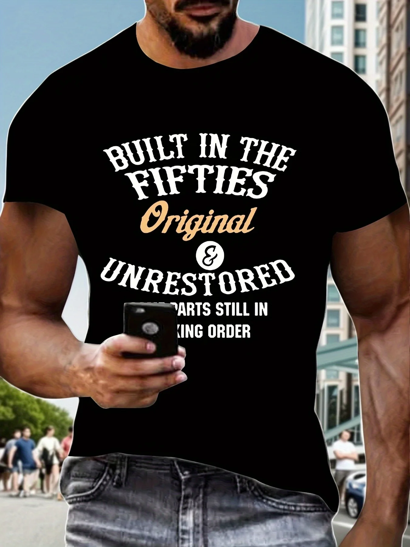 

Men's Vintage Street Style T-Shirt - "1950s Original Unrestored" Pattern, Black Short Sleeve Crew Neck, Casual Sum