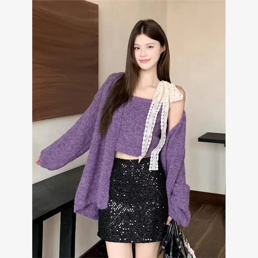 

Early Autumn Lace Knot Vest Knitted Cardigan Two-Piece Set Women Slimming Versatile Thi Outerwear Soft Sle Loose Fit Long...