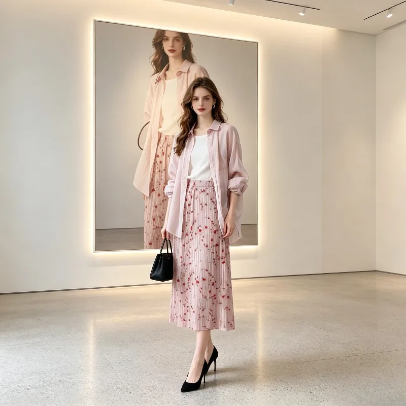 Miyake Pleated 2026 New Original Pink Gradient Skirt Women High Waist Loose Pleated Straight Skirt Romantic Temperament Pleat