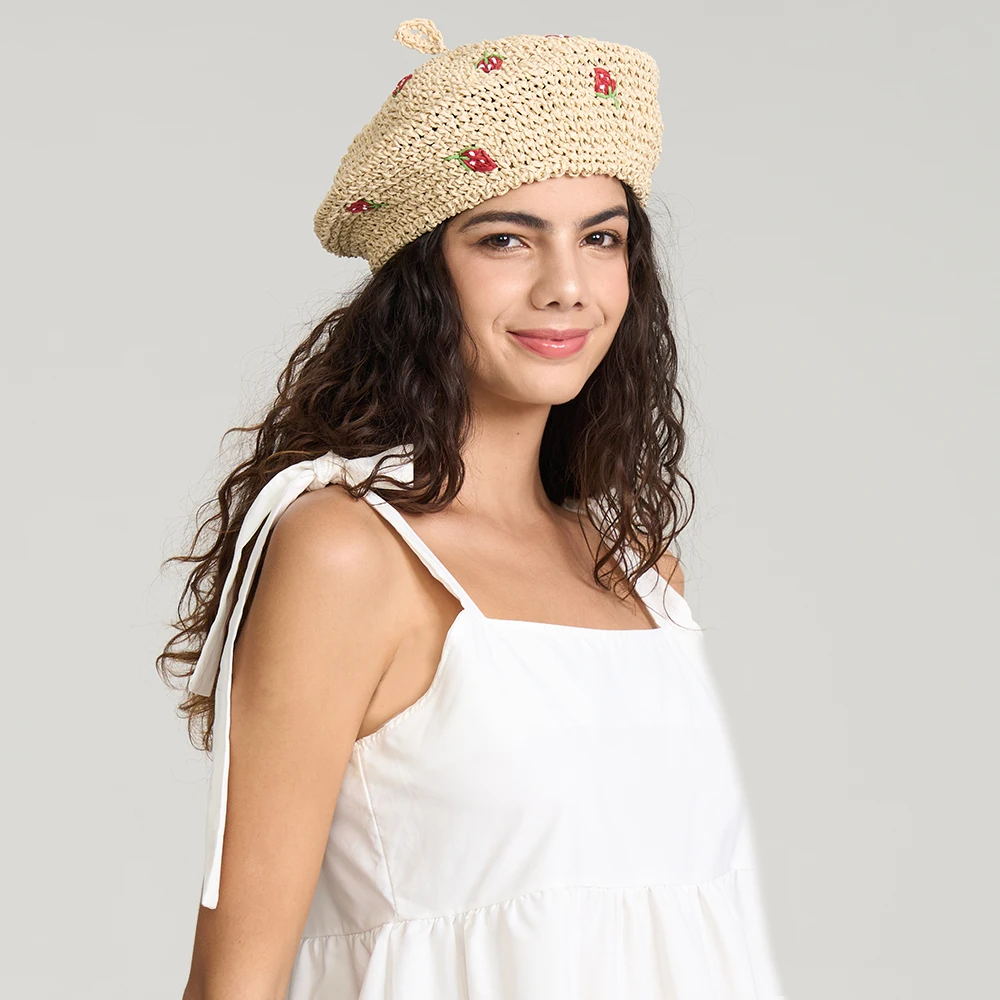 Straw Beret Summer French Beret Hats for Women Artist Crochet Beret Strawberry