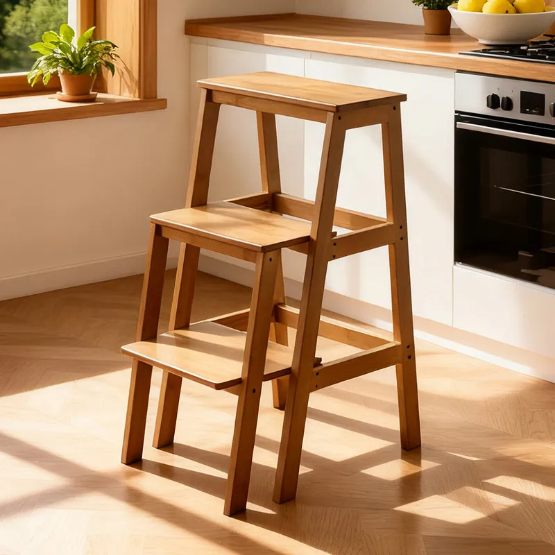 Solid wood ladder stool Indoor household climbing two-step ladder stool can sit steadily high stool ladder folding dual-purpose