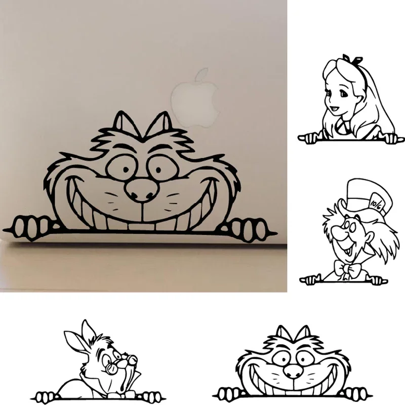 Peeking Cheshire Cat Vinyl Art Sticker Car Window Decals Alice In Wonderland Cartoon Outline Laptop Decal Decor