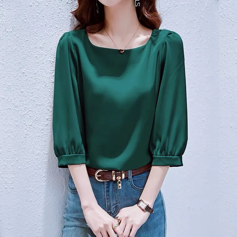 Elegant Satin three quarter Sleeve Blouses Women 2024 Vintage pink ice Silk Shirt Women Casual Loose lantern sleeve Tops