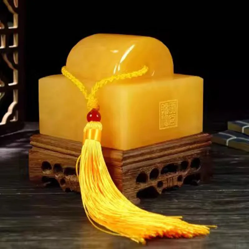 Double Use Yellow Jade Stamp Sculpture, Engravable Name Seal and Elegant Desk Figurine, Natural Stone Feng Shui Gift