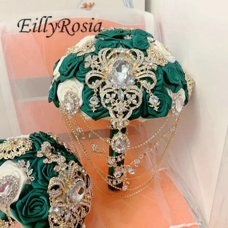 EillyRosia Ivory and Emerald Green Brooch Bouquet with Sequined Tassel Sparkly Jewelry Gold Luxury Custom Made Wedding Bouquet