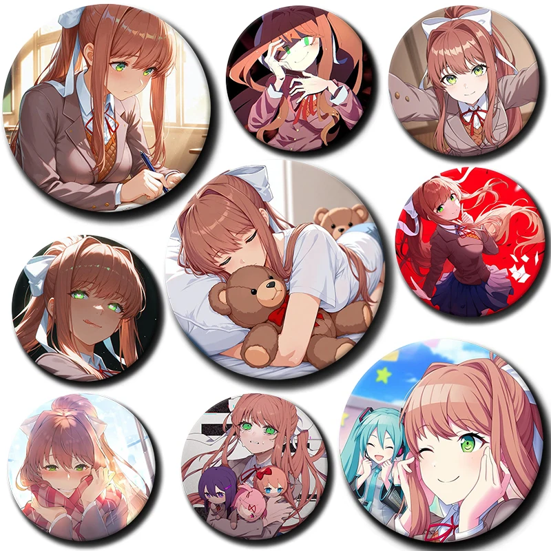 

Cartoon Character Monika Soft Button Pin Tinplate Badge Anime Monika Brooch Creative Badge for Backpack Clothes Decoration Gift