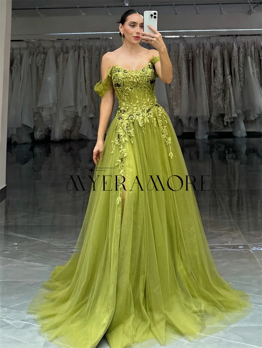 

Fashion Green Applique Evening Dresses Off the shoulder Tulle A-Line Side Slit Prom Dresses Customized robes de soirée